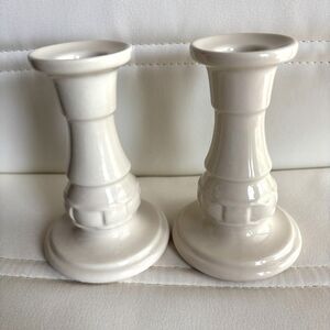 Longaberger Pottery Ivory 5" Ceramic Candlestick Holders Set of 2 Made USA